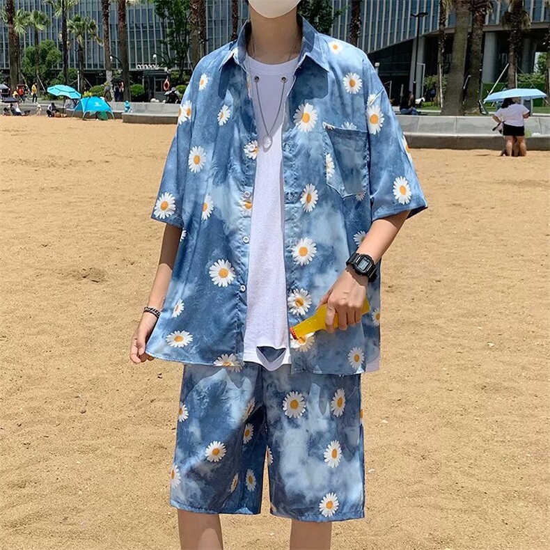 满印雏菊短袖套装男夏日系宽松五分袖五分短裤2021外套W977-P55,男装衬衫,星座512-2