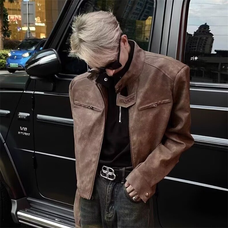 复古做旧机车PU皮衣外套男秋冬小众设计感美拉德色系短款垫肩夹克,男装夹克,星座506A