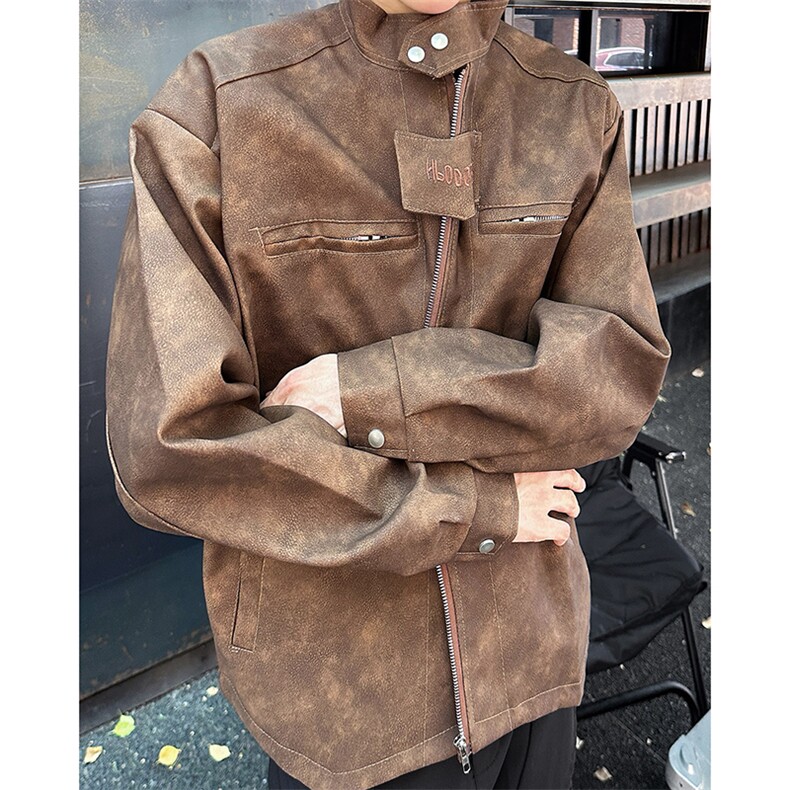 自家图港风美式潮牌痞帅街头设计感立领皮衣夹克外套男 JK077-P85图片