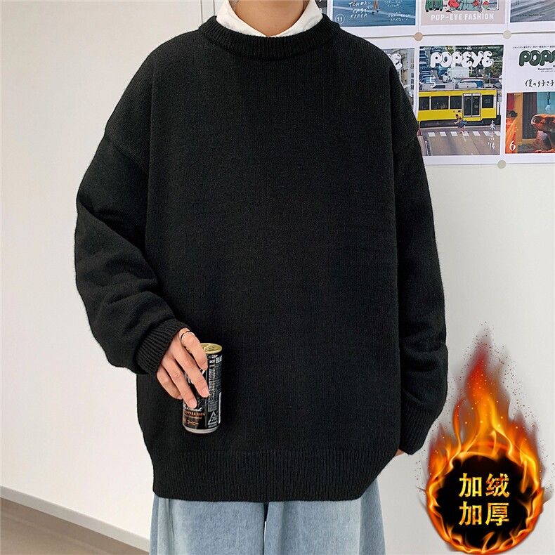 1港风宽松中性情侣潮流纯色大码M-5XL毛衣男外套7979P45加绒P55图片