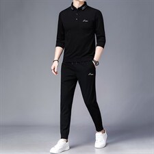 2023春秋季新款翻领长袖T恤上衣男套装中青年商务休闲男装两件套，男装休闲套装，电商B212（原钱塘6029）