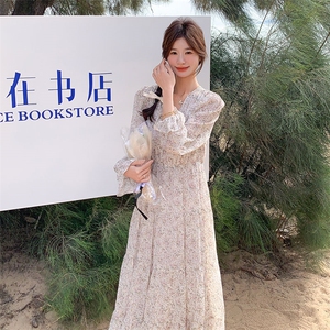 韩版百搭显瘦长款碎花长袖雪纺连衣裙 2D075-(P13-K198)图片