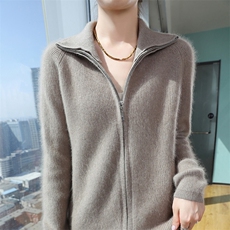 2025秋冬百搭时尚简约翻领拉链开衫针织衫，女装针织衫/毛衣，冬贝尔貂绒