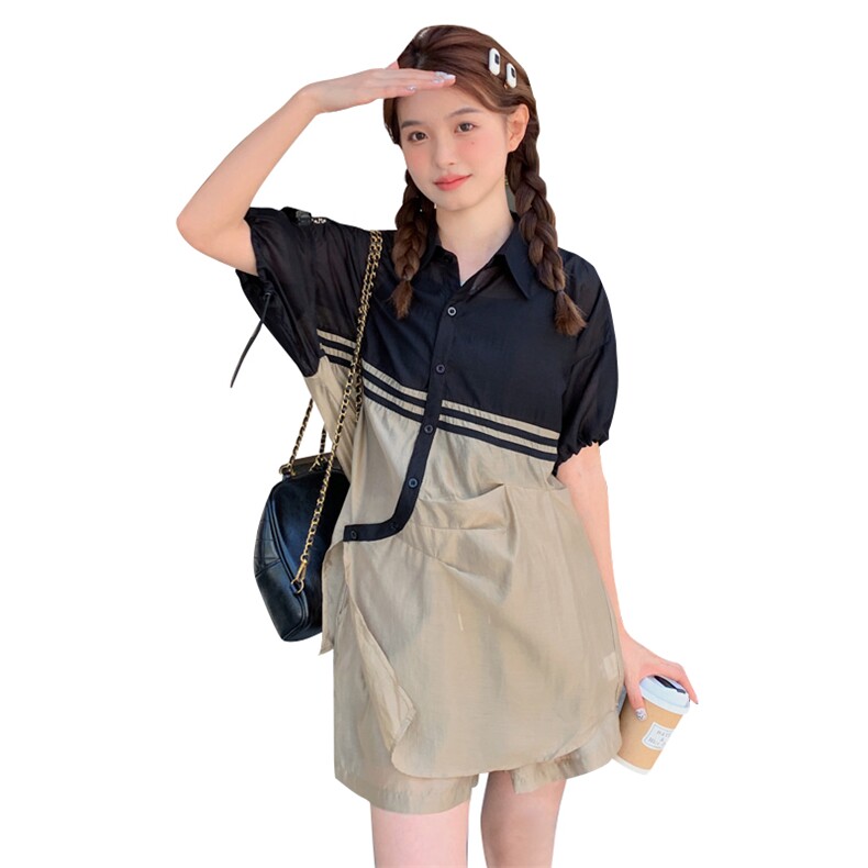 设计感轻薄撞色时尚防晒套装2025新款女夏宽松短袖衬衫短裤两件套,商品下架区,帛香坊