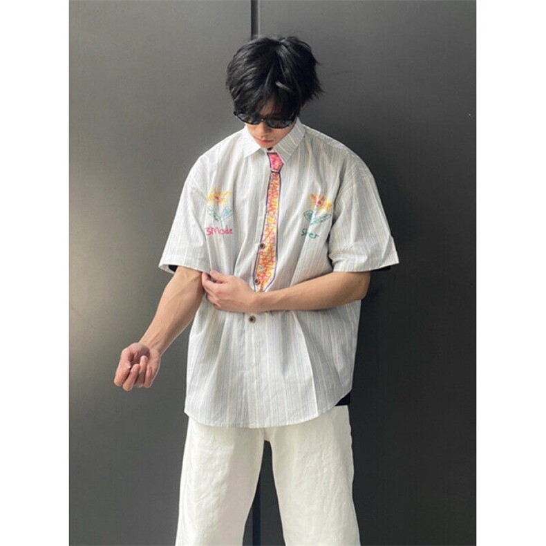 趣味条纹涂鸦短袖衬衫男款夏季学院风小众设计半袖衬衣C79,男装T恤,星座1116A（原606A-3）