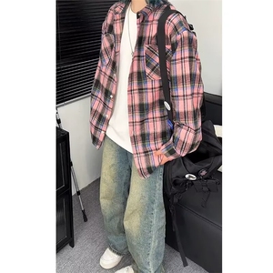 美式复古黑粉格子衬衫2024新款男女情侣潮流宽松休闲衬衣外套图片