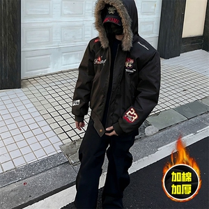 现货高品质美式高街重磅刺绣座山雕大毛毛领棉衣男女加厚棉服外套图片
