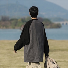 日系复古撞色水洗口袋长袖男春秋新款宽松情侣圆领T恤百搭，男装T恤，星座716-2