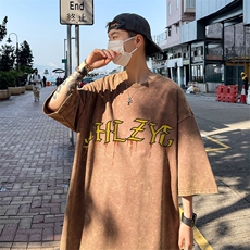 B239-1162-P38创意字母印花复古水洗做旧半袖重磅短袖T恤美式，男装T恤，星座514-2(原B239)