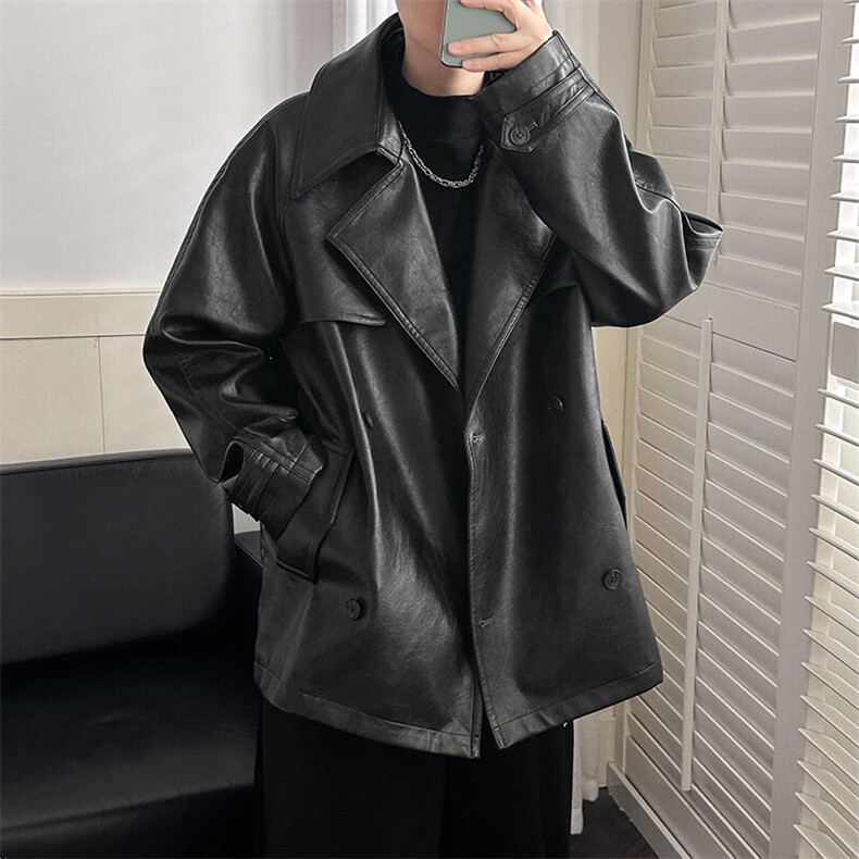 现货中长款翻领皮衣外套男潮牌设计感风衣夹克A351-AP2521-P145，男装风衣，电商A351