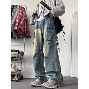 美式复古破洞工装牛仔裤男秋季新款宽松直筒阔腿裤子高街潮牌嘻哈图片