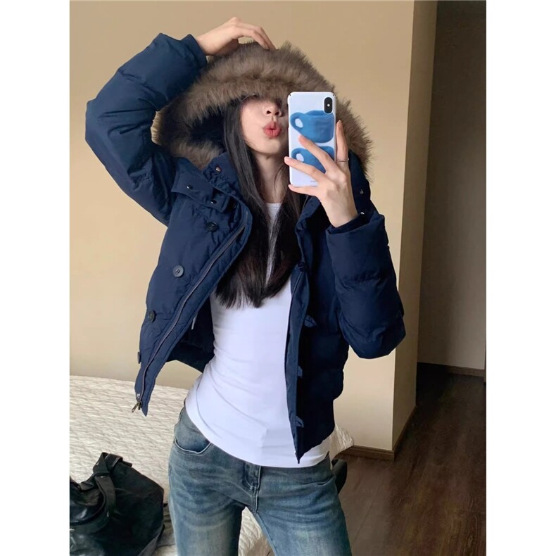【有货】DMF206-批85藏青色连帽毛领短款棉衣棉袄女新款加厚外套图片