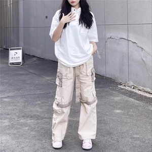 美式潮牌工装裤女宽松炸街阔腿直筒裤绑带街舞嘻哈工装休闲裤图片