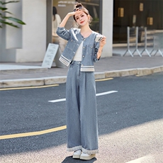 蕾丝拼接牛仔套装女2025春季新款穿搭时尚牛仔外套阔腿长裤两件套，女装套装/套裙，贵人树