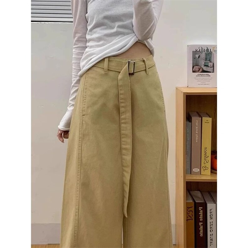 卡其色腰带阔腿弯刀牛仔裤女复古港风慵懒休闲百搭拖地裤长裤,男装牛仔裤,星座1210-1