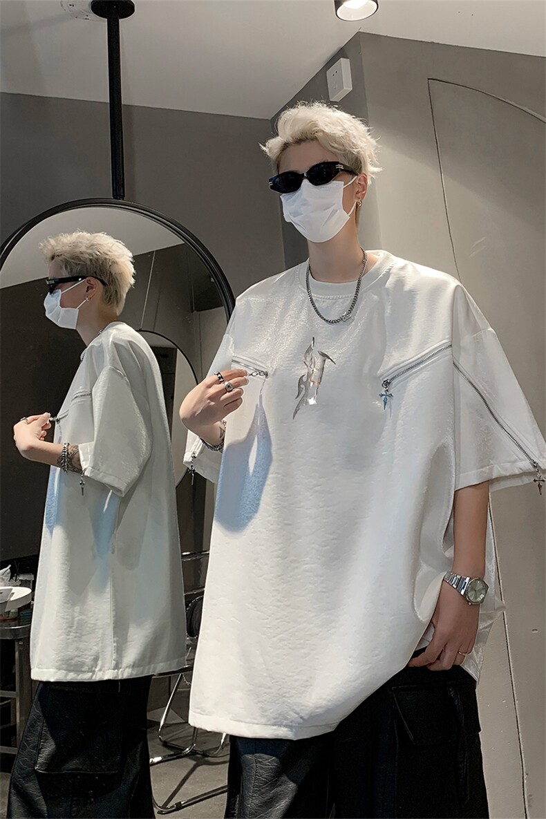 丝光棉解构短袖T恤夏季小众设计拉链半袖体恤XZ514-2-202498-P63,男装T恤,星座514-2(原B239)