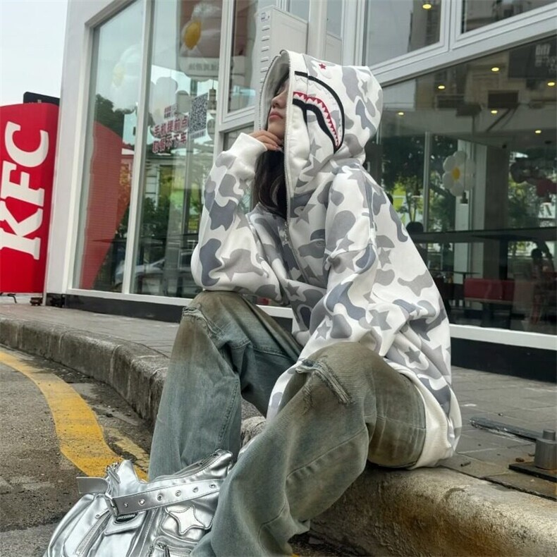 美式复古双帽迷彩连帽卫衣女春秋季潮宽松情侣开衫鲨鱼外套,女装卫衣/绒衫,星座506A