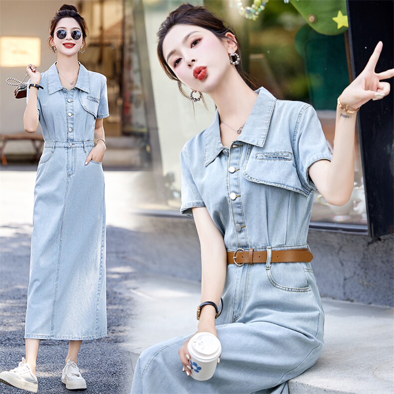 （现货）2026夏装新款休闲不对称中长款牛仔连衣裙（配腰带），女装连衣裙，印象茜