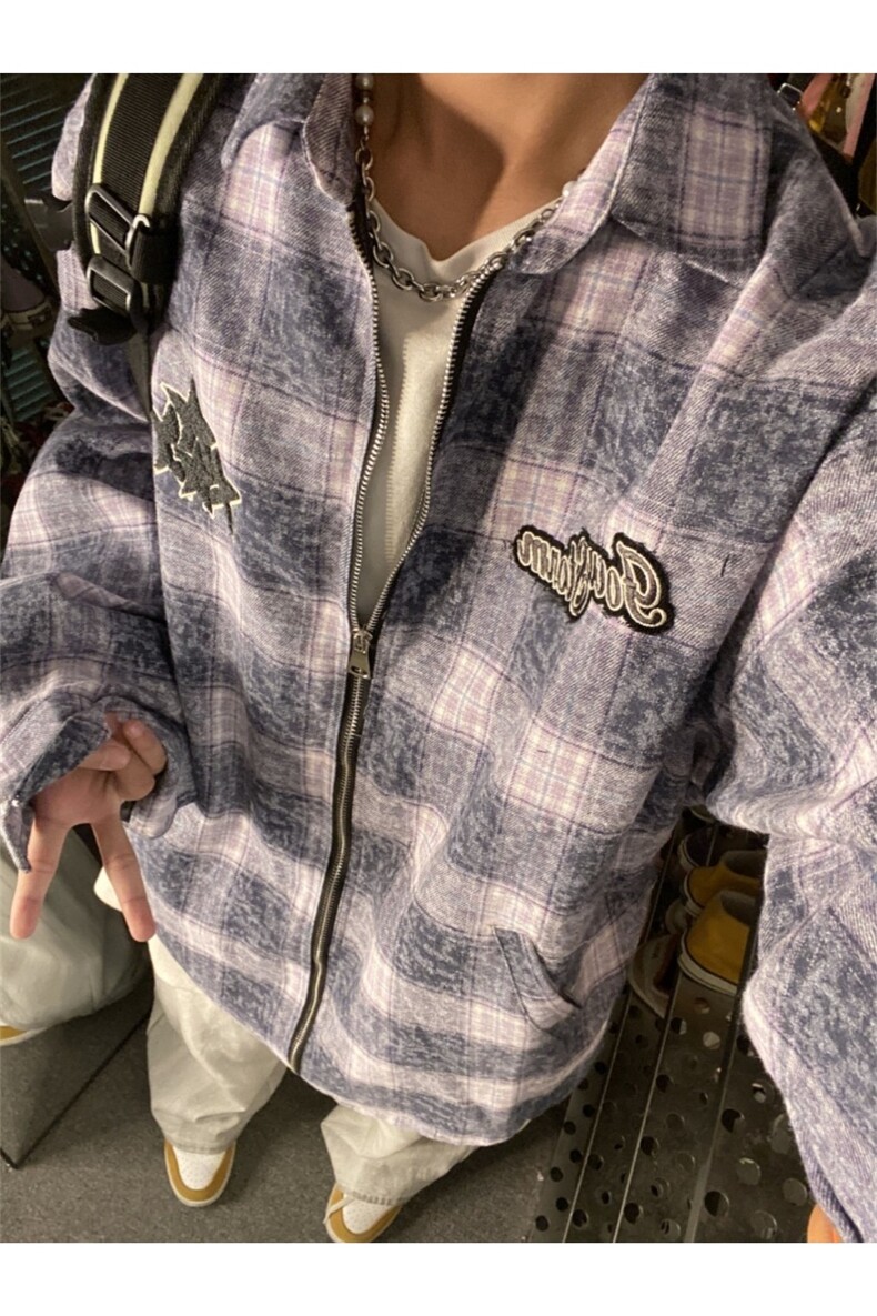 美式复古格子星星刺绣夹克男女春秋季设计潮宽松小众拉链上衣外套,男装夹克,星座302B