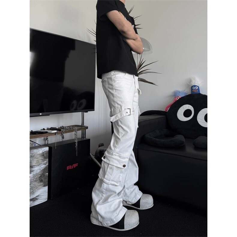 美式高街绑带微喇工装牛仔裤男款cleanfit修身提档直筒弯刀裤,男装牛仔裤,四季星座505