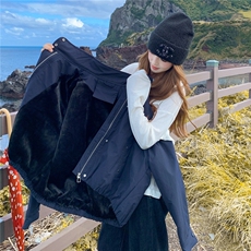 2025格子拼接加绒派克服女冬季今年流行连帽棉服加厚保暖棉衣外套，女装棉衣/棉服，2C218