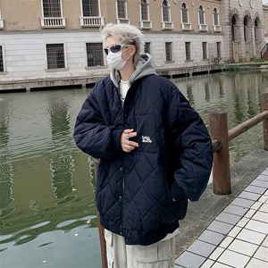 冬季可拆卸连帽菱形格棉衣男日系帽子可拆卸棉服外套潮  M757图片