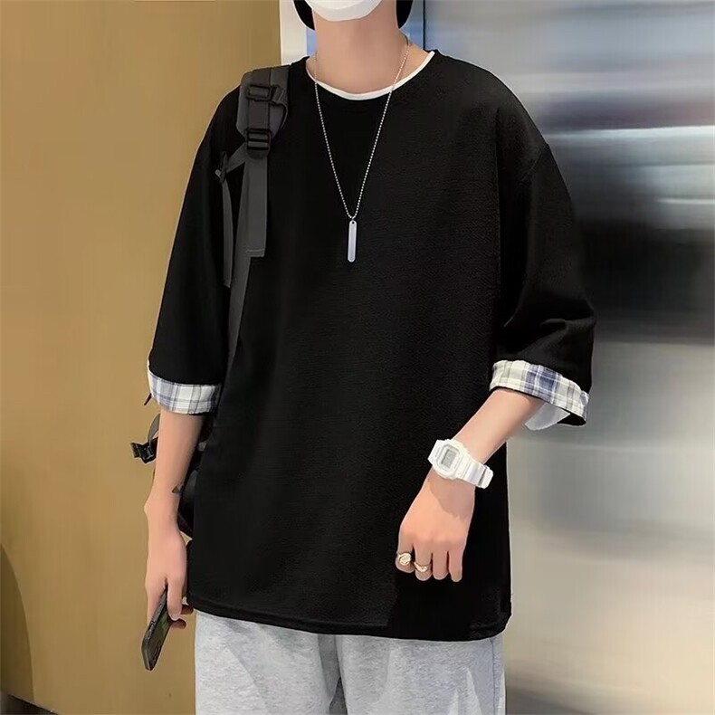 C355-P202024夏季新款假两件短袖港风ins潮流拼接宽松体恤现货,男装T恤,星座512-6