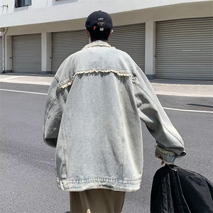复古毛边做洞牛仔外套男春秋宽松休闲ins工装夹克上衣潮W5629-P57图片