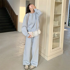 蓝色蕾丝拼接卫衣套装女2025春季新款今年流行芭蕾风小个子两件套，女装套装/套裙，2C037