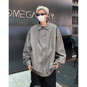 复古肌理感PU皮衣痞帅机车夹克宽松休闲分割设计翻领上衣外套图片