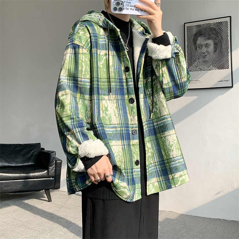 WY10097-P55加绒P65秋季撞色格子连帽大码休闲百搭卫衣外套男,女装短外套,电商A059