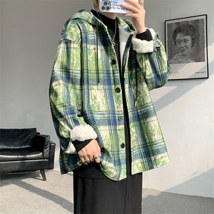 WY10097-P55 加绒P65 秋季撞色格子连帽大码休闲百搭卫衣外套男图片