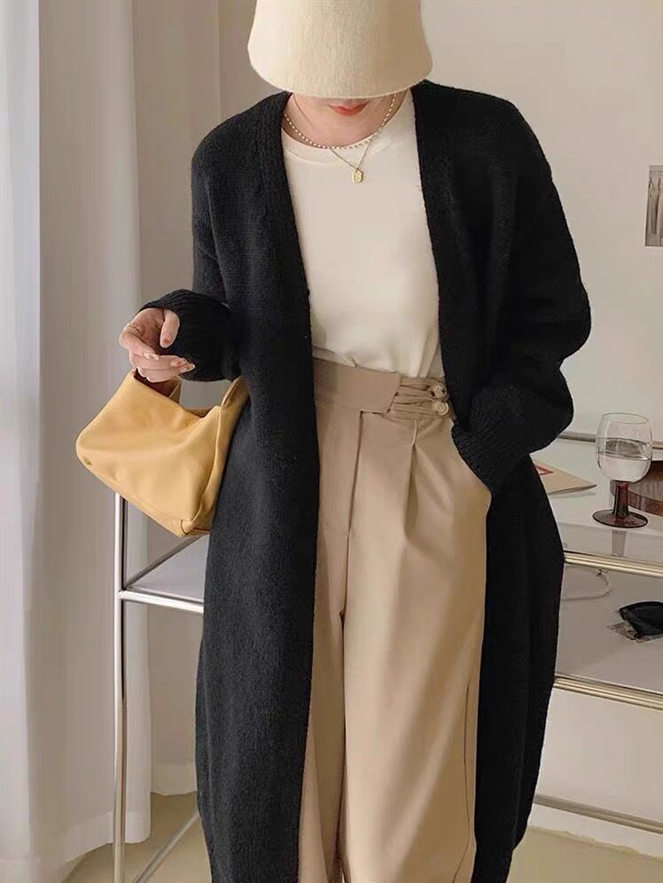 秋冬新款中长款针织开衫女过膝外搭韩版慵懒风羊毛毛衣厚外套图片