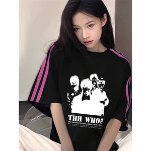 抖音得物品质二开240克宽松纯棉美式潮牌印花三条杠中性风短袖T恤图片