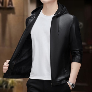 皮尔卡丹男士2025年春季新款潮流连帽机车上衣服休闲皮夹克外套男图片