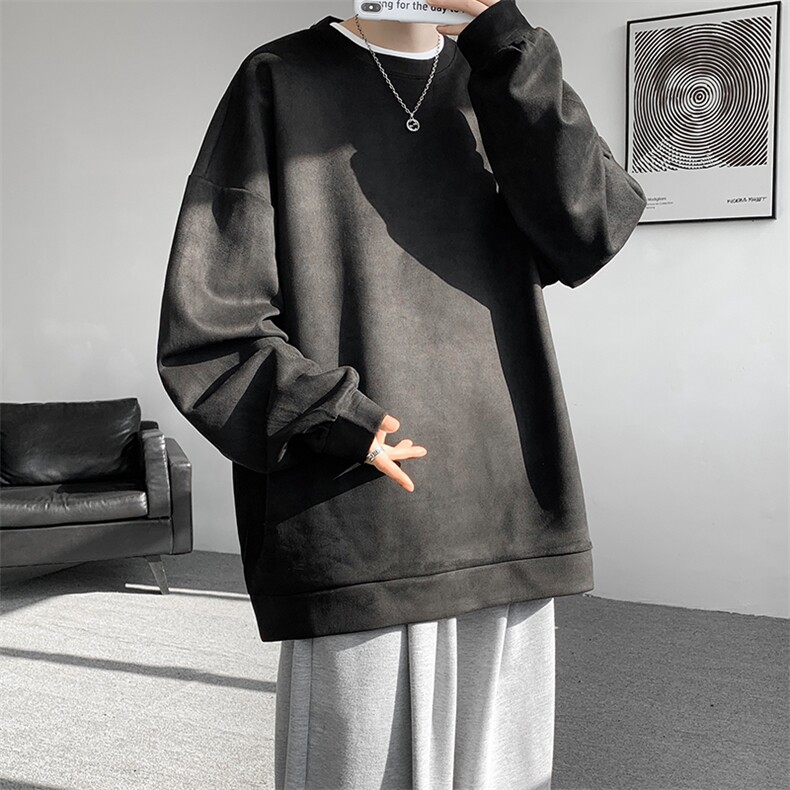 5XL-M大码卫衣男2024春麂皮绒潮流落肩圆领宽松长袖T恤WY09特P28图片