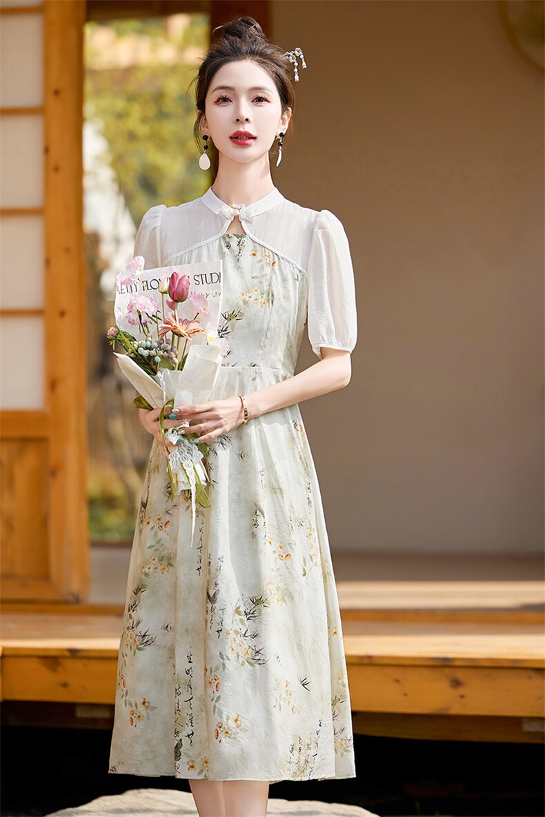 气质碎花连衣裙女2024年夏季新款文艺复古中长款水墨画假两件裙子,女装连衣裙,拾衣