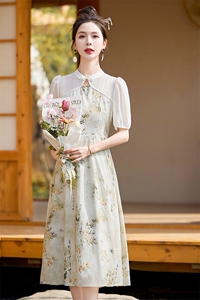 气质碎花连衣裙女2024年夏季新款文艺复古中长款水墨画假两件裙子图片
