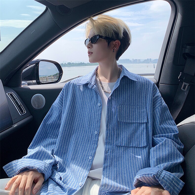 衬衫男秋季新款港风宽松大码立体口袋纯棉条纹长袖衬衣CS3099-P42，男装衬衫，星座214-3