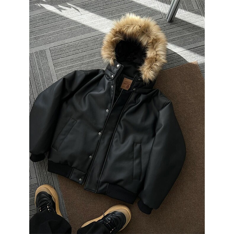 可拆卸毛领皮衣棉服男款冬季高级感痞帅美式机车外套LF988 P125图片