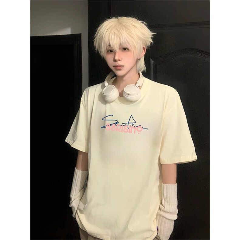 抖音得物供货210克现货宽松纯棉美式潮牌印花落肩袖纯棉T恤AT2167图片