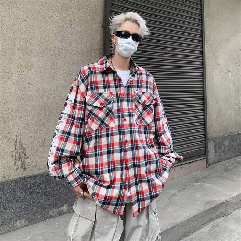 美式高街复古格子衬衫外套男女潮设计感宽松慵懒PL130-P45图片