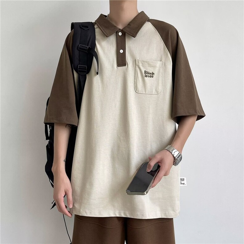 得物品质夏款男POLO衫纯棉拼色字母印花宽松五分袖T恤衫T3P48,男装T恤,星座1013-1