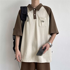 得物品质夏款男POLO衫纯棉拼色字母印花宽松五分袖T恤衫T3P48，男装T恤，星座1013-1