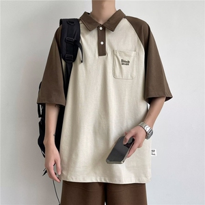 得物品质夏款男POLO衫纯棉拼色字母印花宽松五分袖T恤衫T3 P48图片