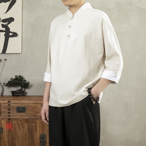 风男装棉麻男士立领七分袖男士T恤T085P70图片