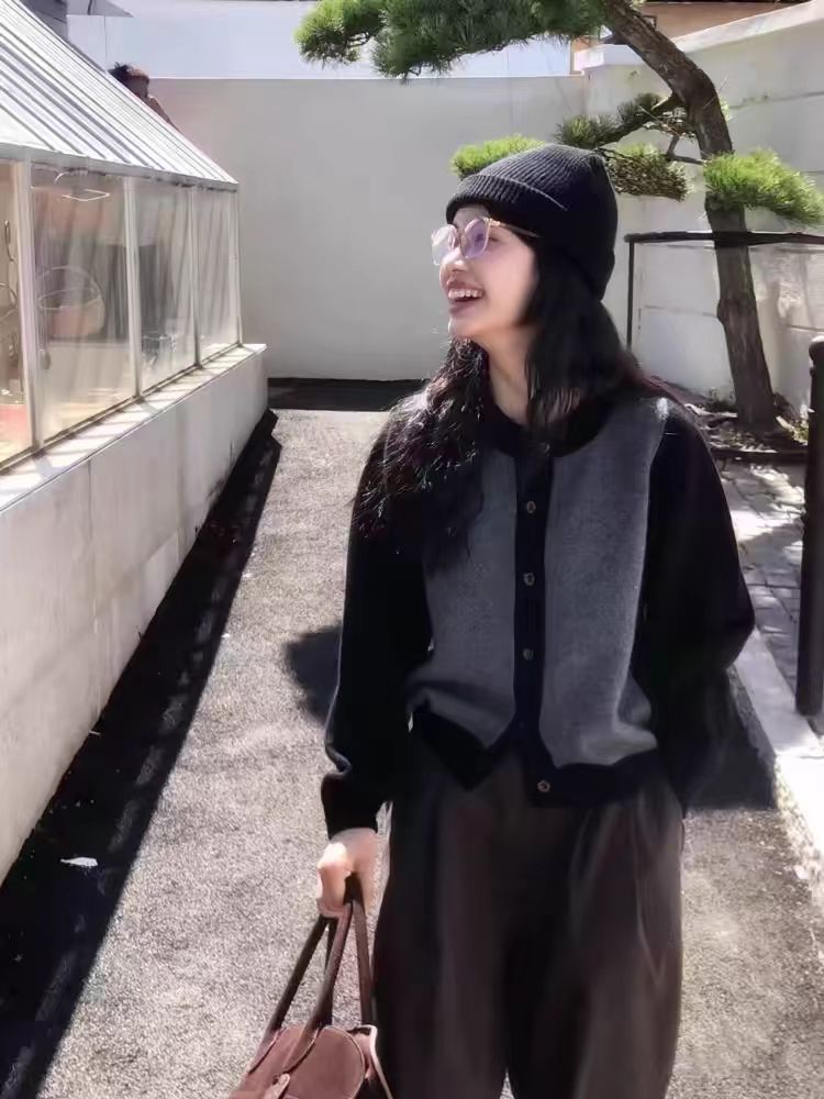 女士秋冬羊毛拼色开衫单排扣简约保暖,女装羊毛衫,冀清阳荣
