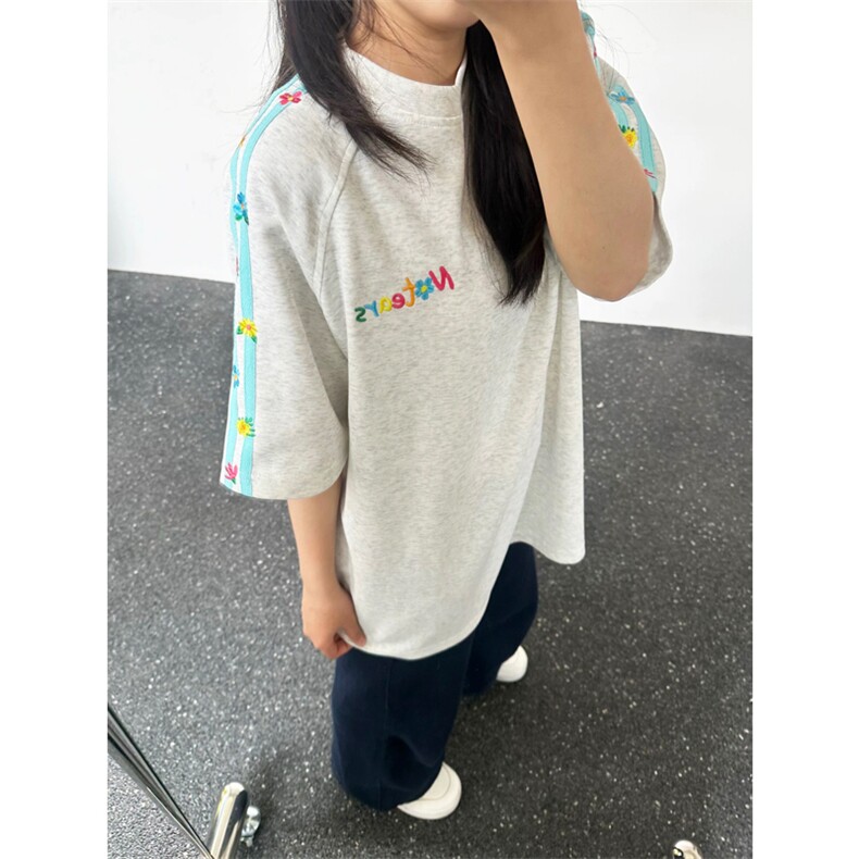网图有货美式高街肩带刺绣短袖t恤男女拼接花卉宽松上衣A667-P35,男装T恤,星座1505