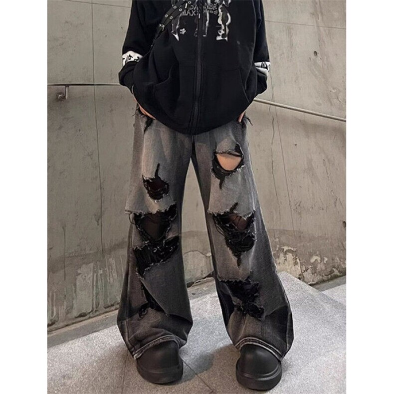 破洞牛仔裤男女高街vibe水洗做旧宽松直筒垂感阔腿裤子ND33,男装牛仔裤,星座1116A（原606A-3）
