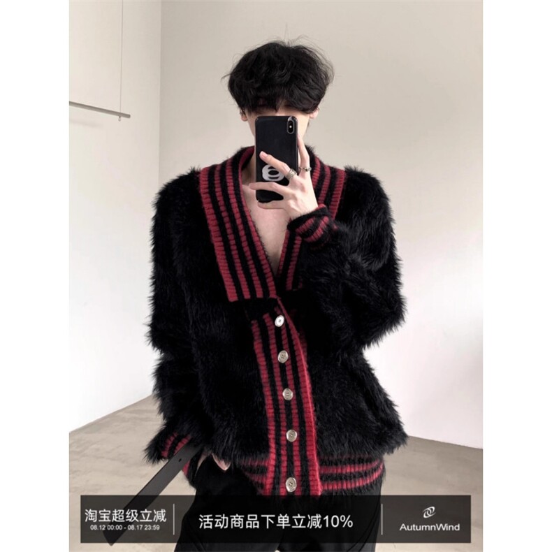 秋山/风格气氛彷貂皮V领毛衣开衫男士冬季小众红色针织宽松夹克图片
